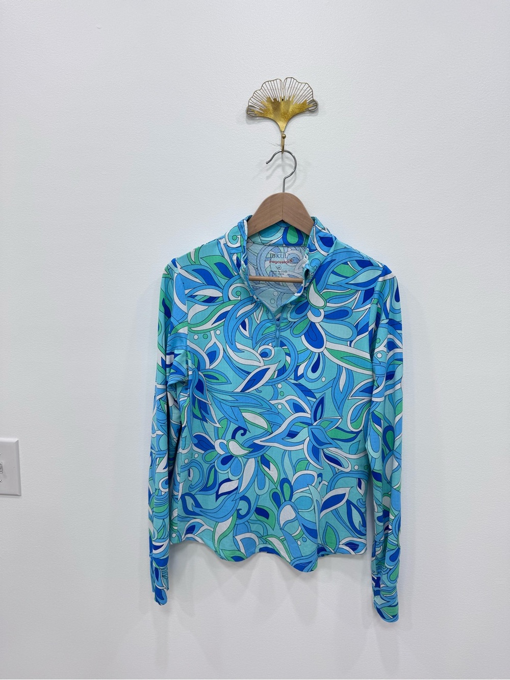 IBKUL Colorful Mariel Green Blue Paisley Long Sleeve HALF ZIP Top M